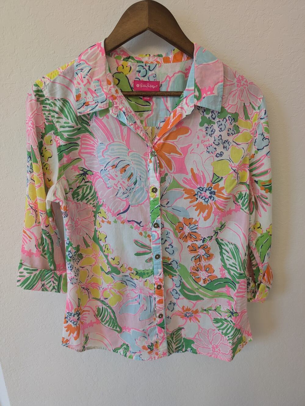 Lily Pulitzer Vibrant Floral Cotton Button Down Blouse L